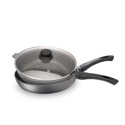 Lot 1 Poêle + 1 Sauteuse Avec Couvercle Avec Revêtement Dur Comme La Pierre 24 Cm