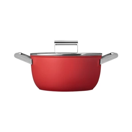 Smeg Faitout Bas Aluminium Antiadhésif 24 Cm Rouge Mat Avec Couvercle Verre Trempé – Image 2