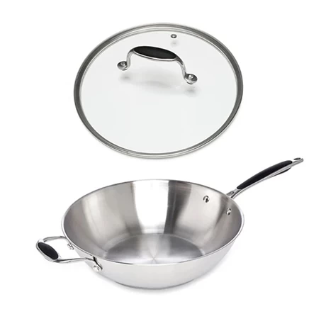 Lot Wok Tout Inox Et Couvercle Verre 30 Cm Excell'Inox