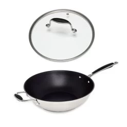Lot Wok Inox Antiadhérent Et Couvercle Verre 30 Cm Excell'Inox