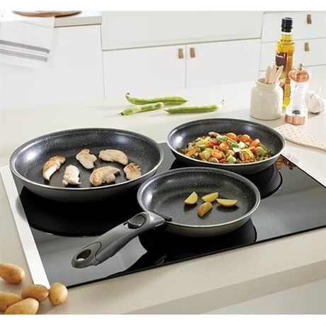 Batterie Poêles Anti-adhérentes Effet Pierre Manche Amovible Et 2 éponges Végétales – Image 4