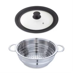 Lot Panier Vapeur Multidiamètre 20, 22, 24 Cm Et Couvercle En Verre Multidiamètre