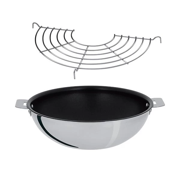 Lot Wok Inox Revêtu Et Grille Casteline 28 Cm